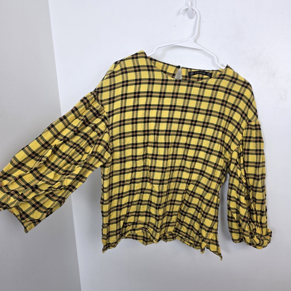 Zara‎ Yellow Black Checked 3/4 Puff Sleeve Preppy Clueless Blouse Size Medium - Picture 4 of 7